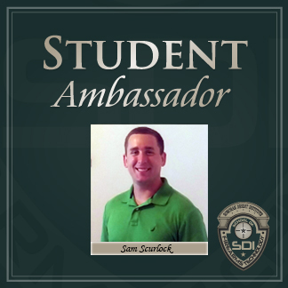 Picture of Sam Scurlock with the words "Student Ambassador"