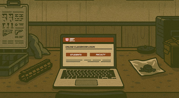 Laptop displaying SDI online classroom login screen on a gunsmithing workbench