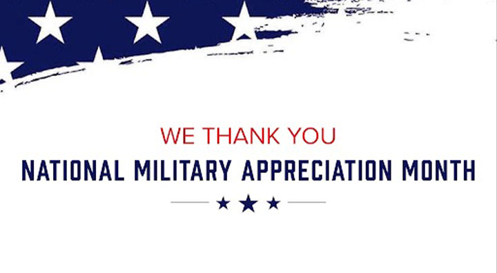 Patriotic graphic with stars and stripes featuring text: We Thank You - National Military Appreciation Month