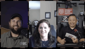 Screenshot from The Gun Rack podcast featuring Kristen Wilson-Day and SDI hosts discussing dry fire training and firearms education