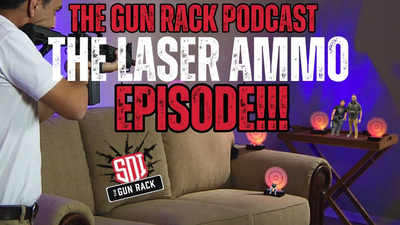 Podcast thumbnail for The Gun Rack featuring Laser Ammo training episode, with SDI branding and target setup
